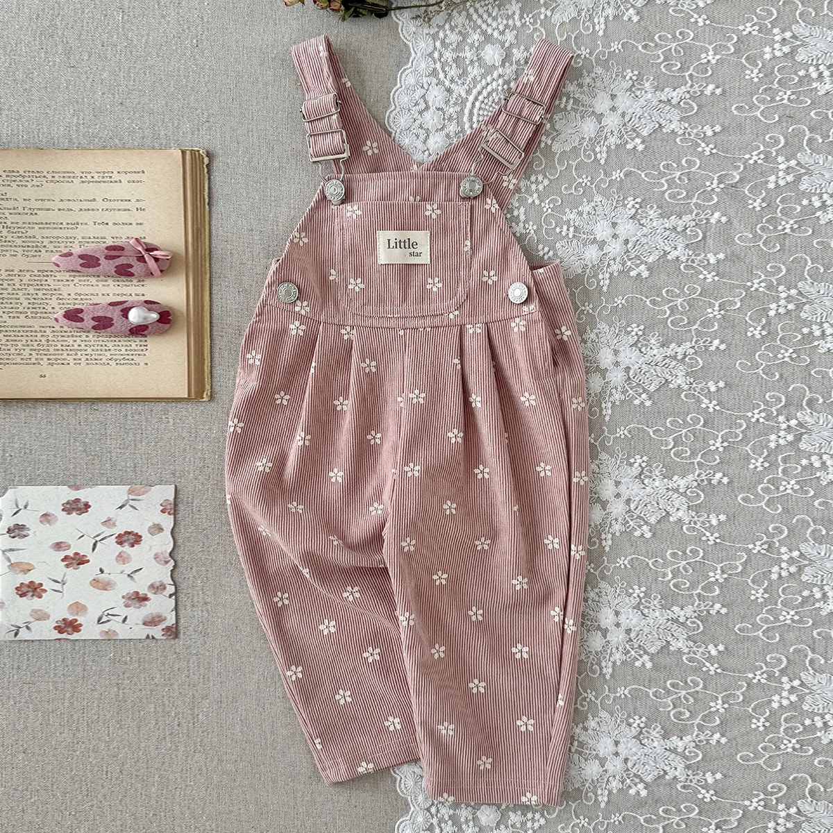 Pink flower print Corduroy Baby Girls Overalls | Adjustable Strap Toddler Jumpsuit Spring/Autumn Newborn Clothing 0-3Y