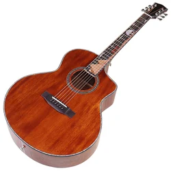 Full Sapele Wood 40 inch Acoustic Guitar Brown Color High Gloss Cutaway 6 string Folk Guitar With Culture inlay fingerboard