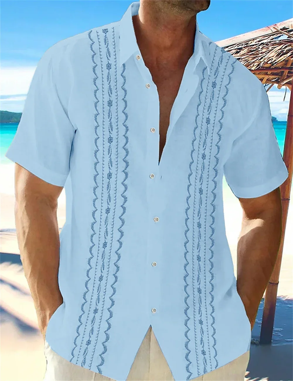 Men's shirt, new summer 3D printed lines, short sleeved lapel button up shirt, fashionable Hawaiian vacation casual clothing