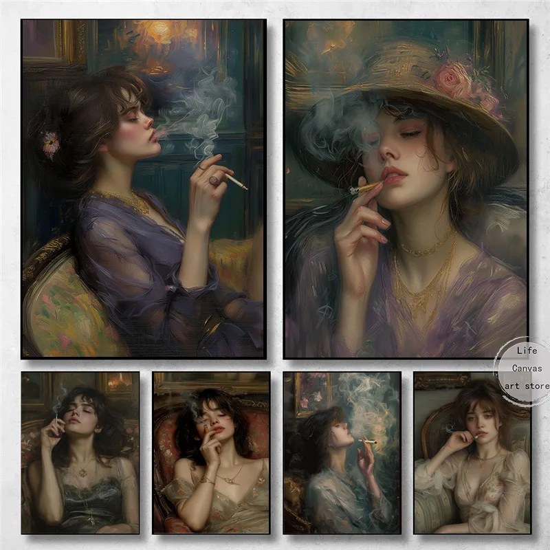 Vintage Woman Portrait Woman Smoking Cigarette Art Poster Canvas Painting Wall Prints Picture for Living Room Home Decor