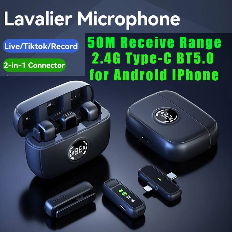 Lavalier Microphone Live Streaming Recording Microphones Type-C BT 5.0 Micro phone 50M Receive Range for Android iPhone 13 14 15