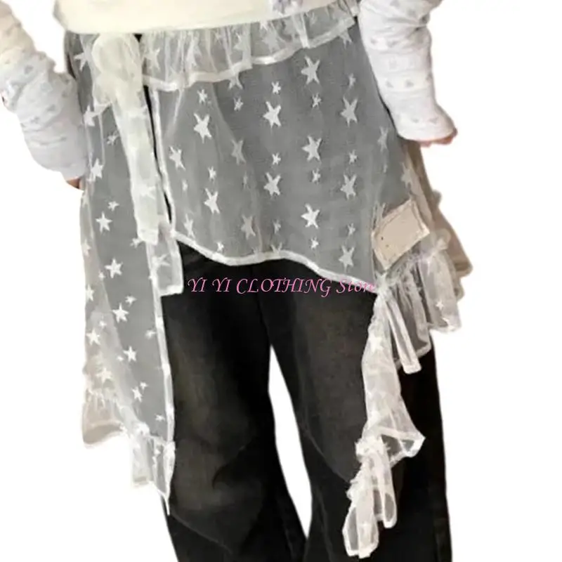 

N5KF Japanese Aesthetic Ruffle Split Skirt for Women Fairycore Star Mesh Apron Skirt
