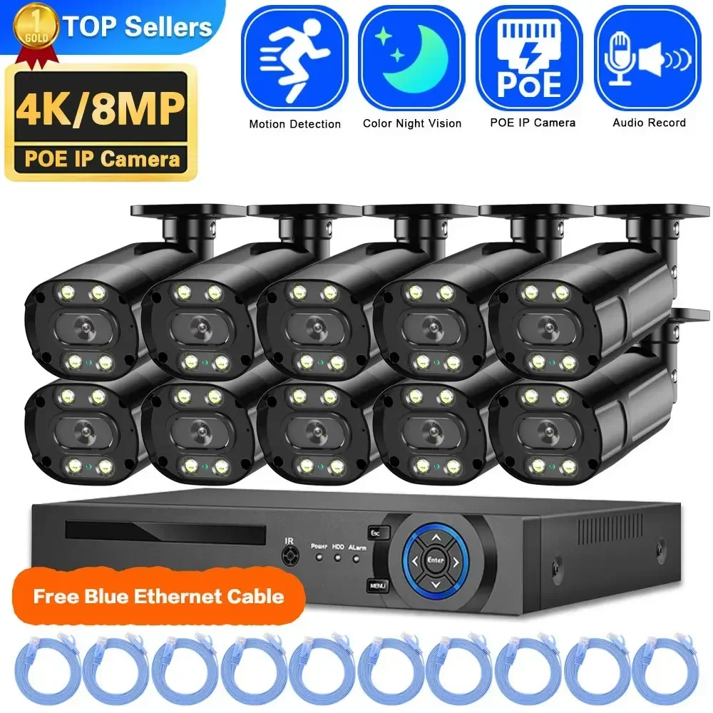 10ch 8mp Poe Bewakingscamera Systeem 4K Poe Nvr Full Color Nachtzicht Ip Bullet Camera Video Beveiliging Cctv Cam