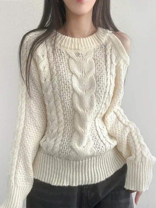 

Korean Sle round Ne oulder Bared Knitted Sweater Women's Loose Faionable Pure Desire Knitwear Spring Seasonal