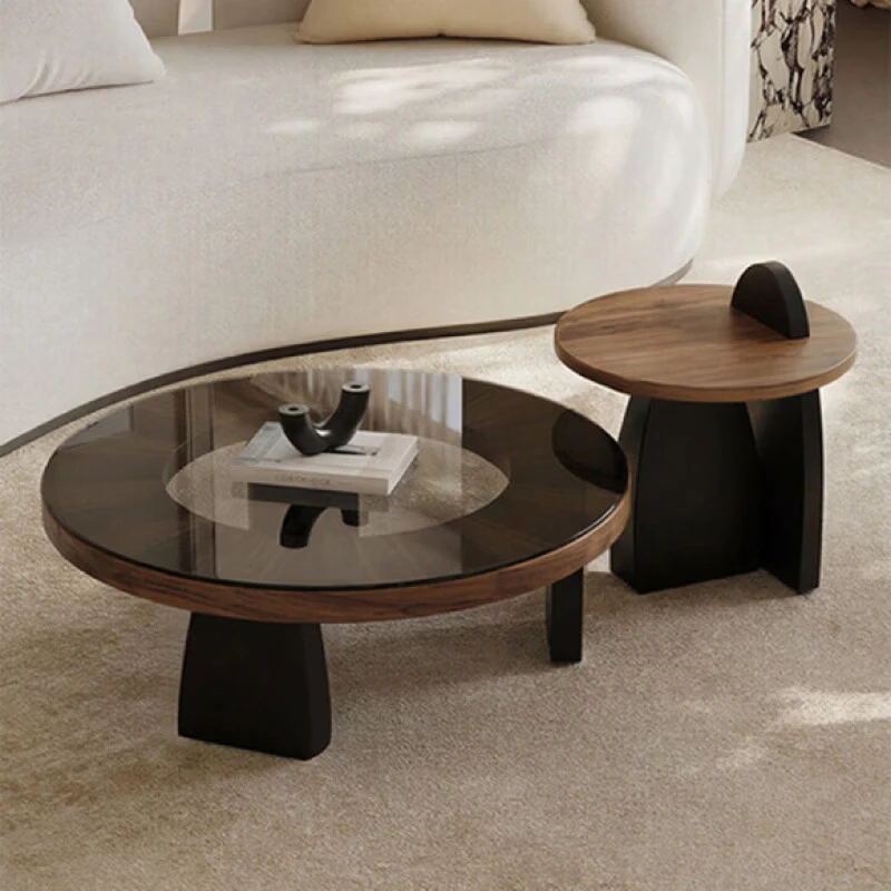 Medieval style solid wood coffee table size round combination designer small apartment creative walnut Italian minimalist