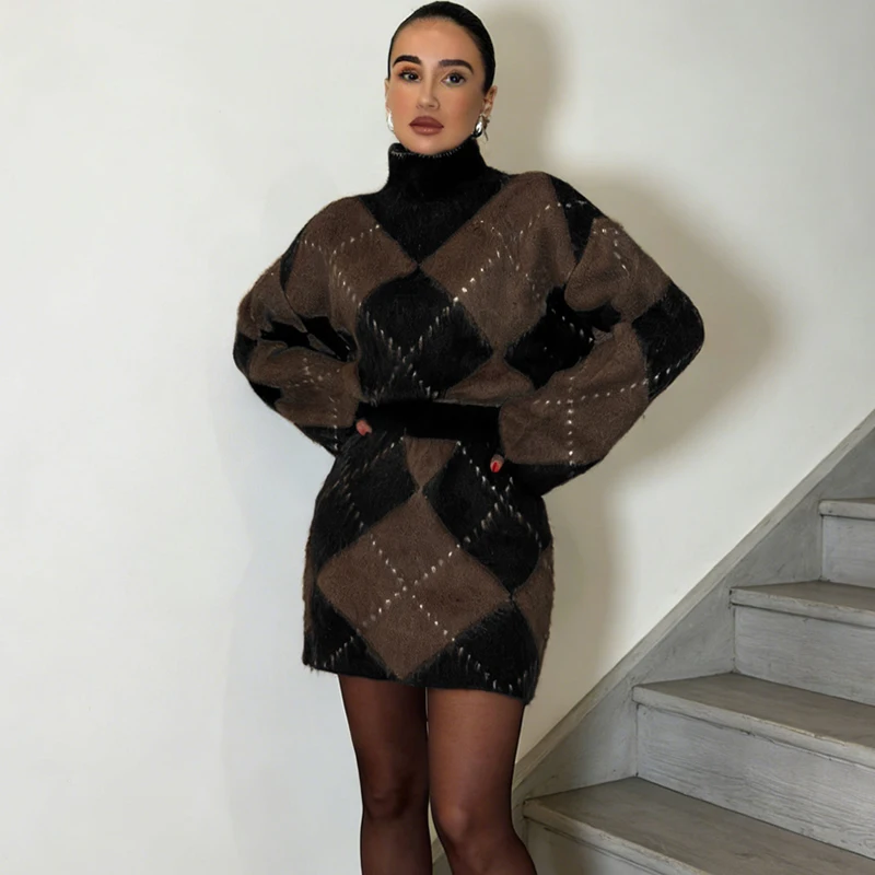 TARUXY Turtleneck Pullover Knit Sweater Skirt Women Suits Contrast Print Knitting Set Autumn Winter New Fashion Hot Girl Outfit