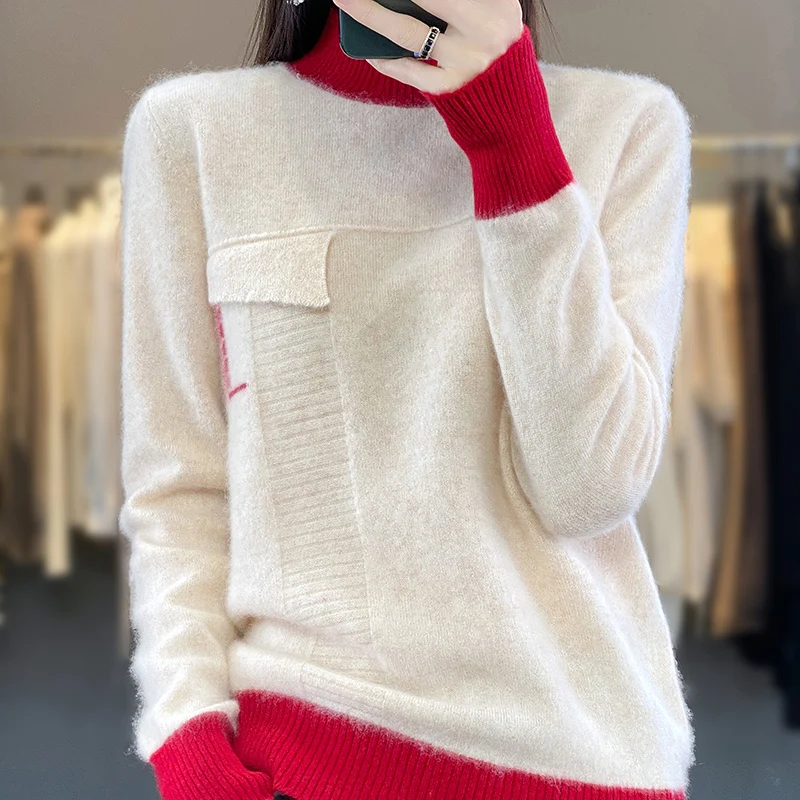 

100% Merino Wool Turtleneck Knitted Sweater Women Tops Autumn Winter Patchwork Mock Pocket Casual Oversize Loose Warm Pullover