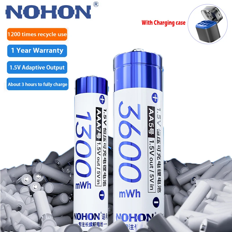 NOHON 1.5V Rechargeable AA Batteries+ Type-C Cable Charging High Capacity Battery 3600mWh Original 1300mWh Li-ion AAA Battery