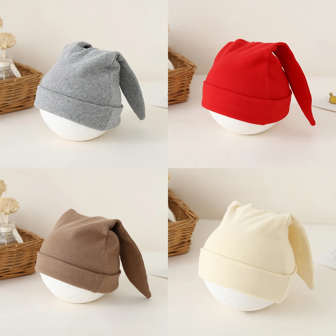 Cute Lop-eared Newborn Fetal Hat Autumn Single-Layer Warm Baby Knit Hats Solid Color Woolen Bonnet Cute Children Beanies 0-2Year