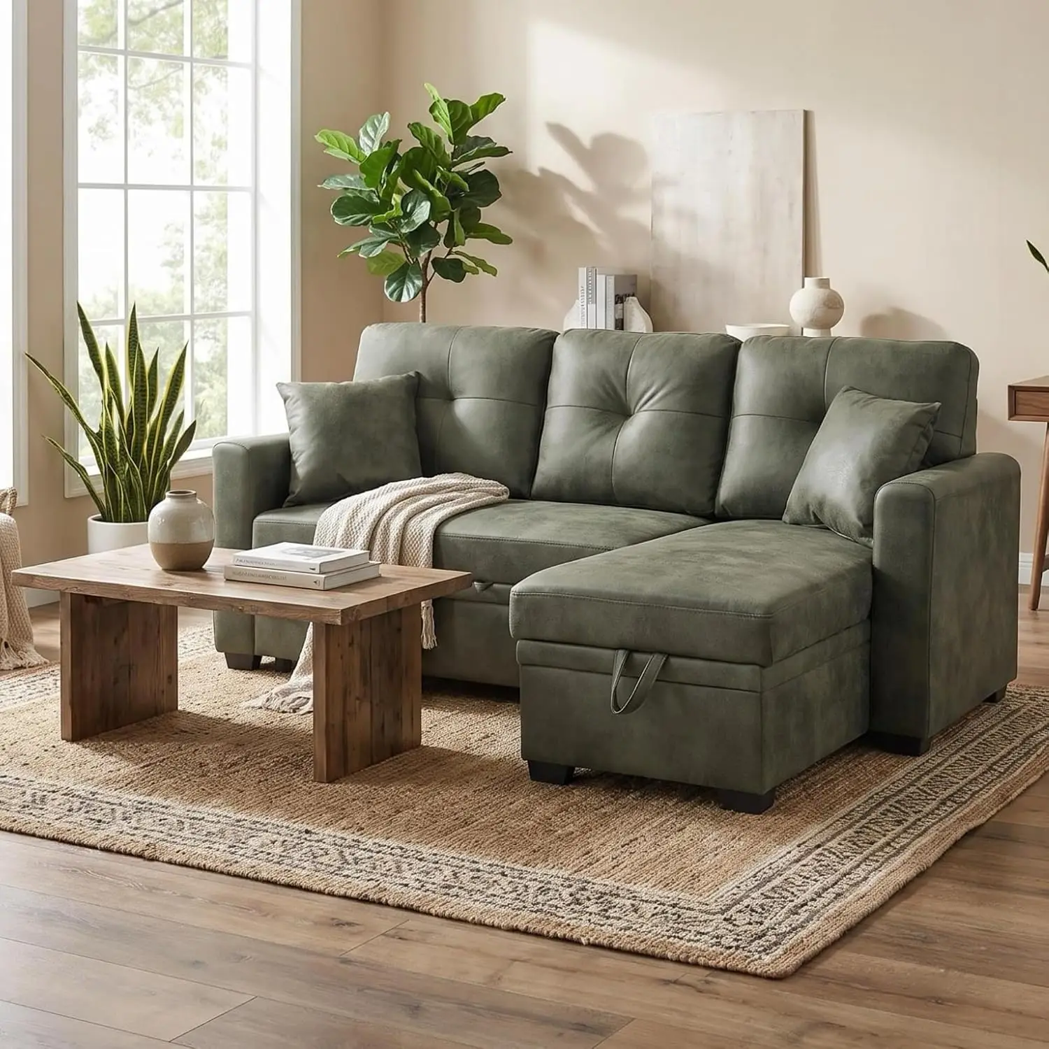 L Shaped Faux Leather Reversible Sectional Sofa with Storage Chaise & Convertible Bed for Living Room Apartment, Customized