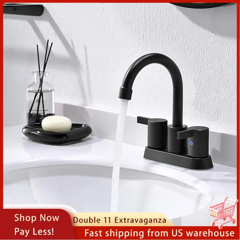 4 Inch 2 Handle Centerset Matte Black Lead-Free Modern Bathroom Faucet, 360 Swivel Spout 2-3 Hole RV Bathroom Vanity Sink Faucet