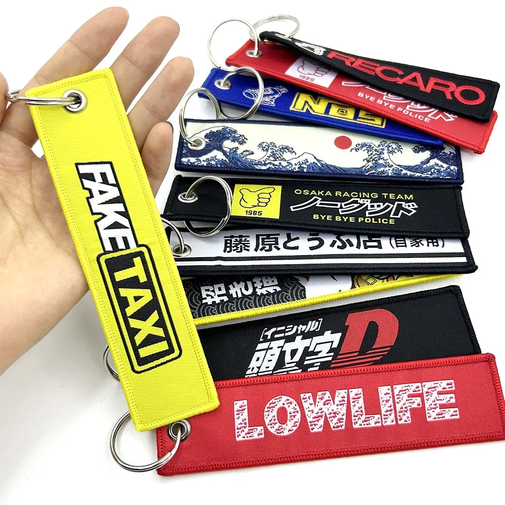 JDM Keychain Car Fashion Tags Embroidered Short Cloth Rectangle Polyester Holder Charm Key Ring for Fake Taxi No Goods Nos