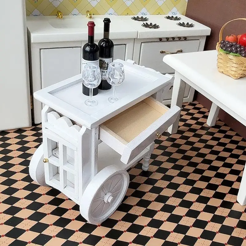 HMA76-1Pc 1: 12 Dollhouse Wooden Meal Driver Cart Model Simulation Handcart Ornament Doll House Restaurant Scene Accessories