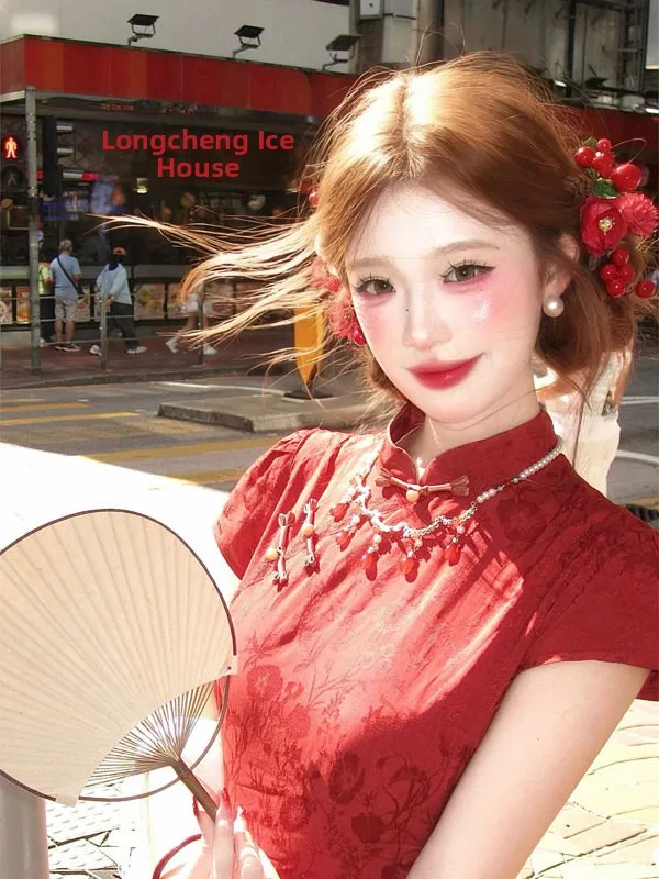 

Elegant Red Color Slim Fit New Chinese Style Qipao Dress Gentle Wind High End Sensation Spring 2026 Women's Fashion Dress