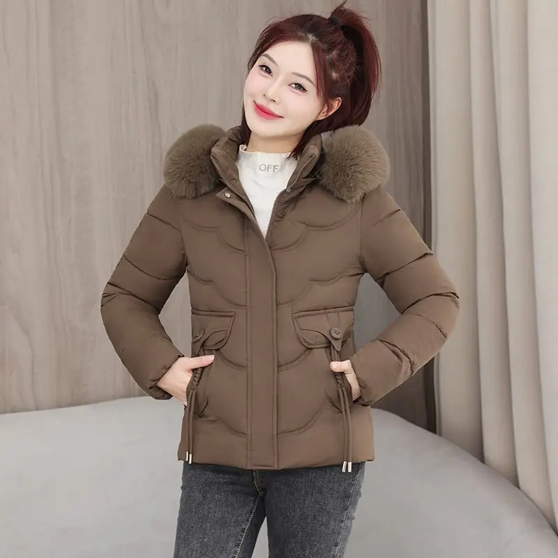 Nowy damski płaszcz slim fit z odpinanym futrzanym kołnierzem, kurtka z kapturem, bawełniana, średniej długości, krótka kurtka, zapinana na zamek, jednolity kolor, odzież wierzchnia damska.