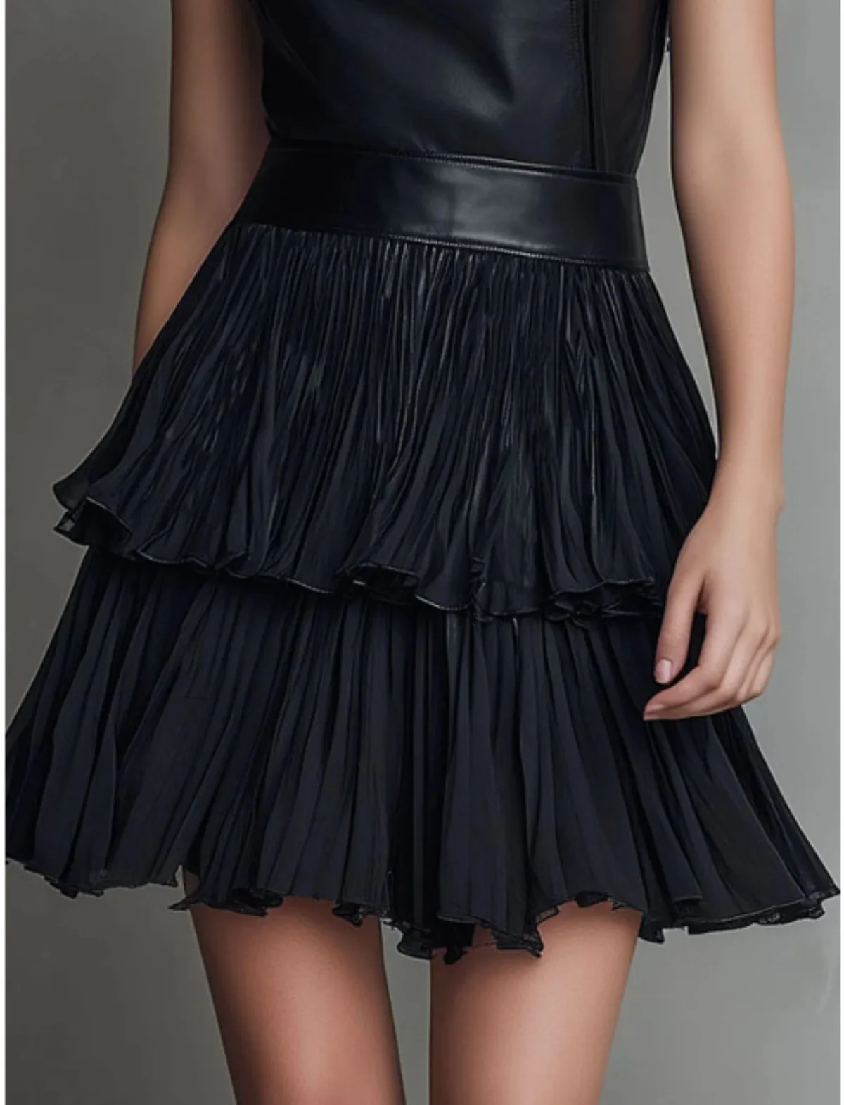 

Gothic Faux Leather Splice Mini Dress For Women Sleeveless High Neck Tiered Pleated Ruffle Hem Punk Y2K Clubwear Summer Dresses