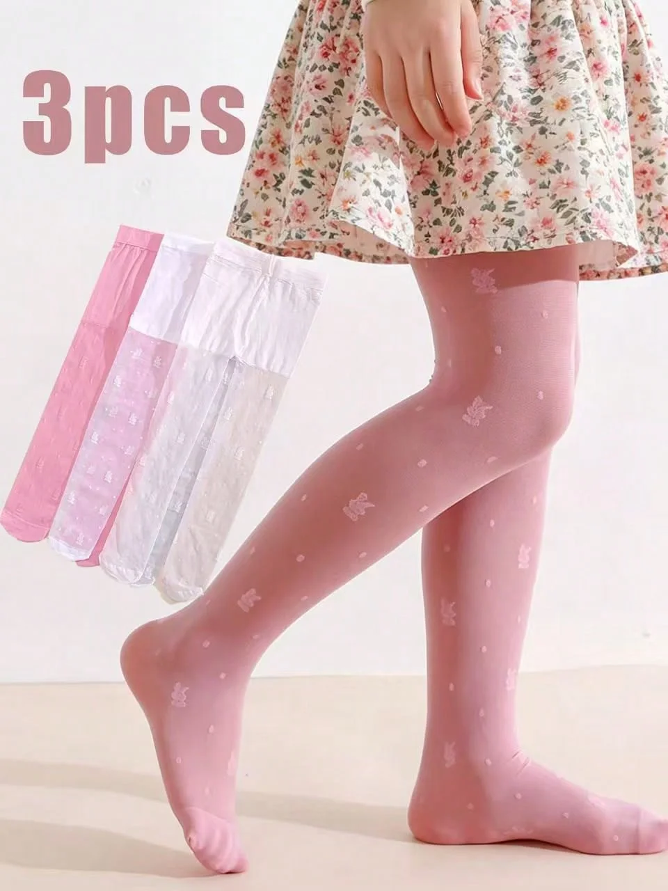 Tights Pantyhose Sheer - 3팩 여아용 토끼 프린트 타이츠 0-14세