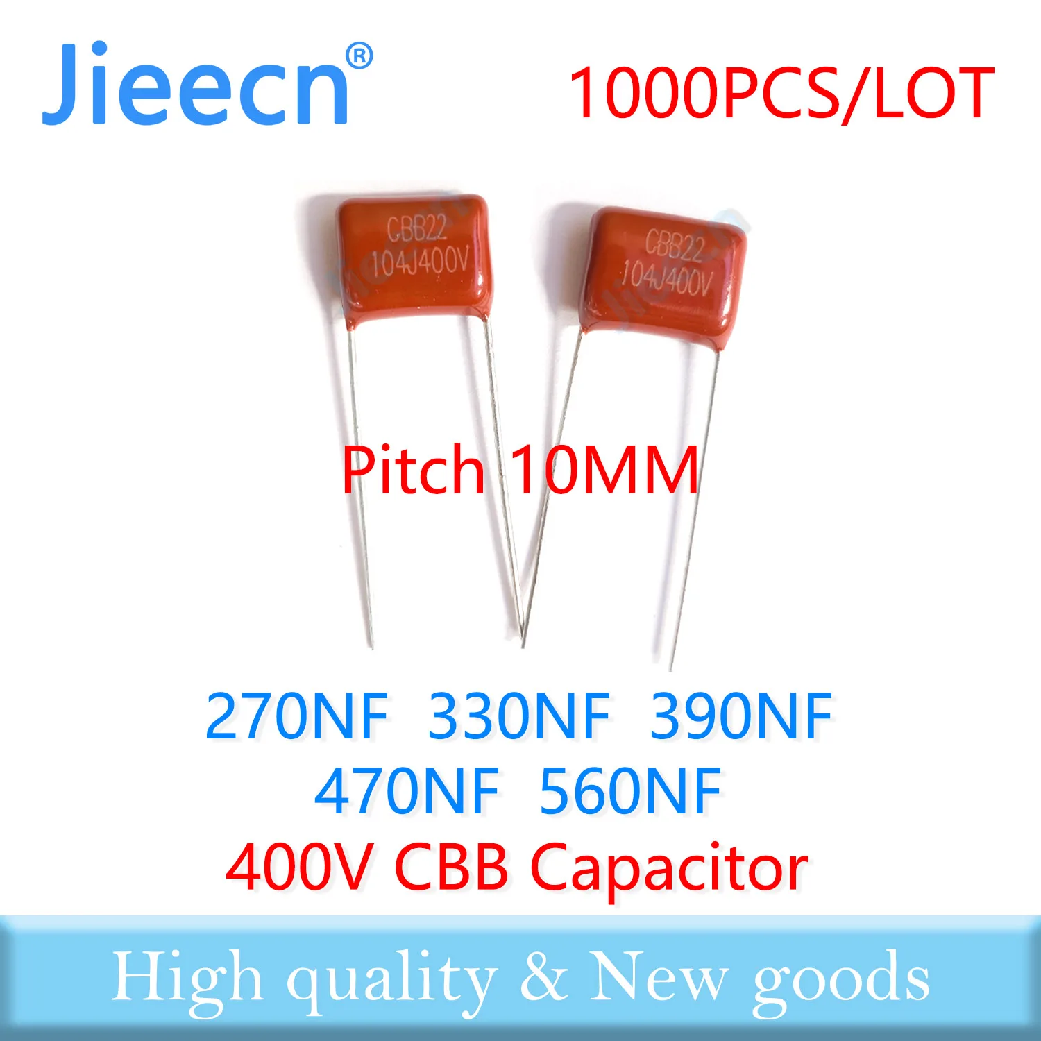 

Jieecn 1000PCS 400V 10MM 270NF 330NF 390NF 470NF 560NF 274J 334J 394J 474J 564J CBB Polypropylene Film Capacitor High quality