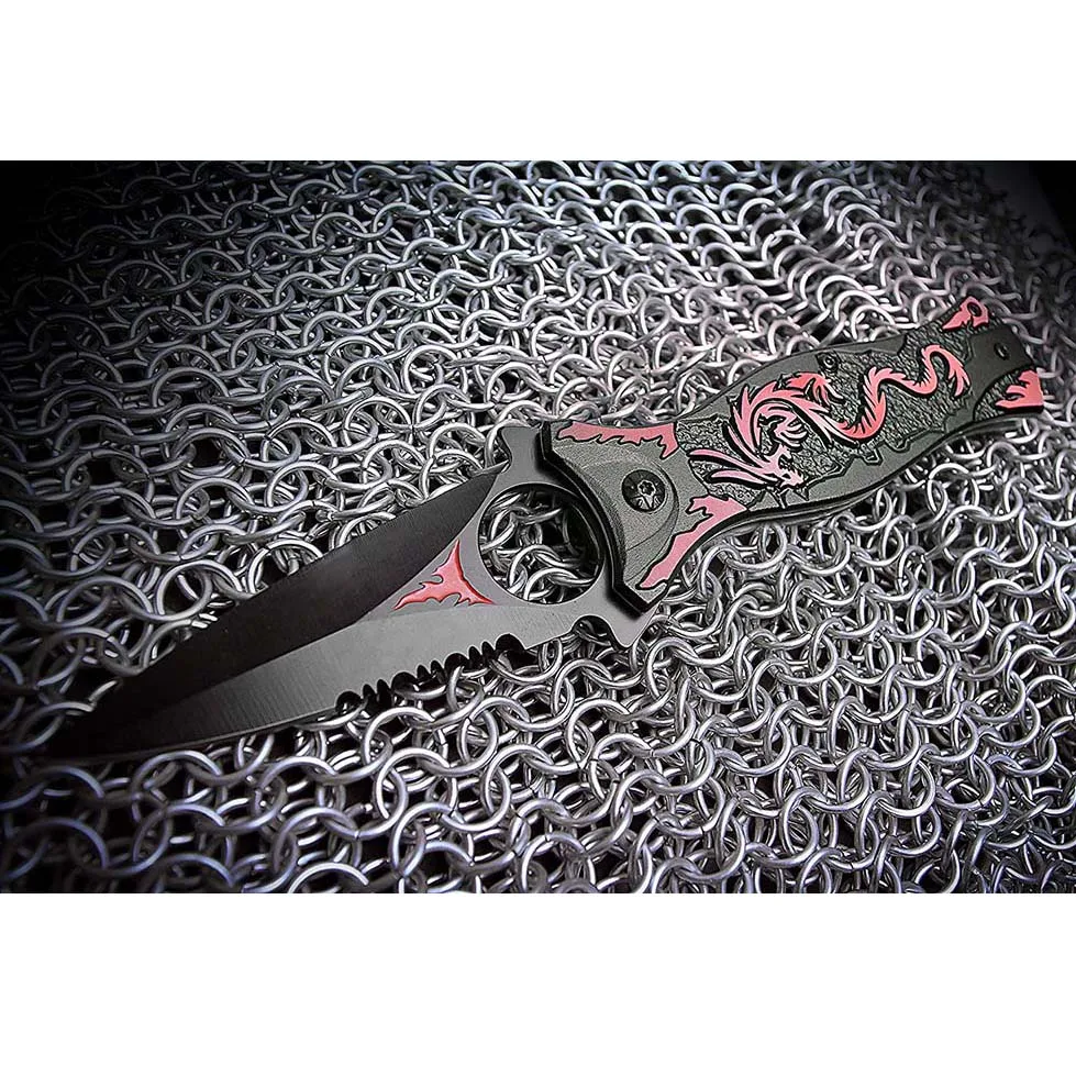 Cuchillo de bolsillo de supervivencia para caza y acampada, multiherramientas de acero inoxidable para senderismo, cuchillos de grano de dragón con trefilado rojo, cuchillo plegable para exteriores
