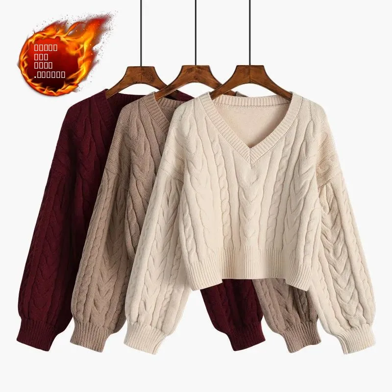 

Женский свободный свитер с v-образным вырезом на подкладке Fce, вязаный топ Base irt, зимний свитер для поездок на работу, чистый цвет