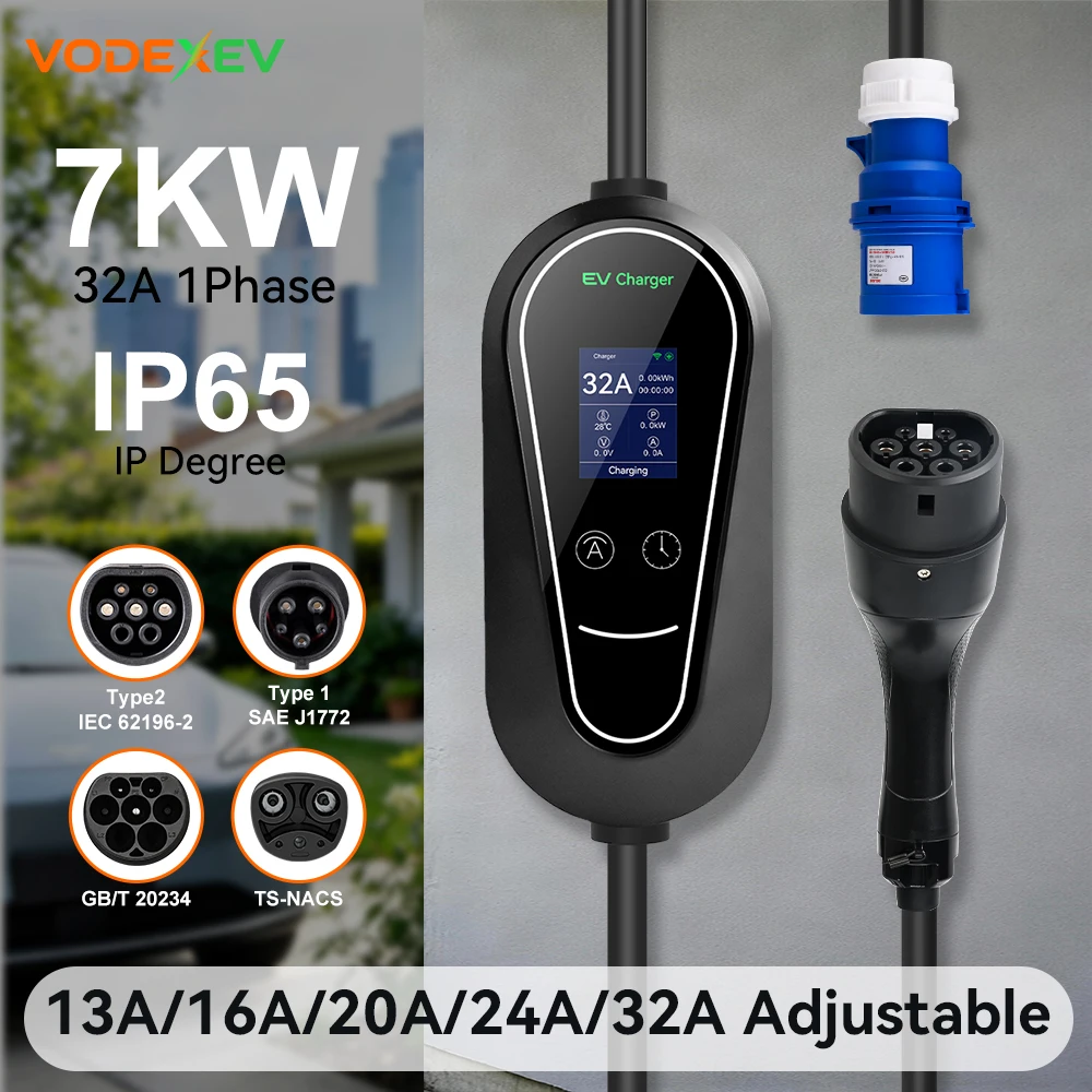 

Портативное зарядное устройство VODEXEV 7 кВт для электромобилей, 32 А, Type 2, Tesla, с регулировкой тока и времени зарядки, поддержка приложения, подходит для электромобилей