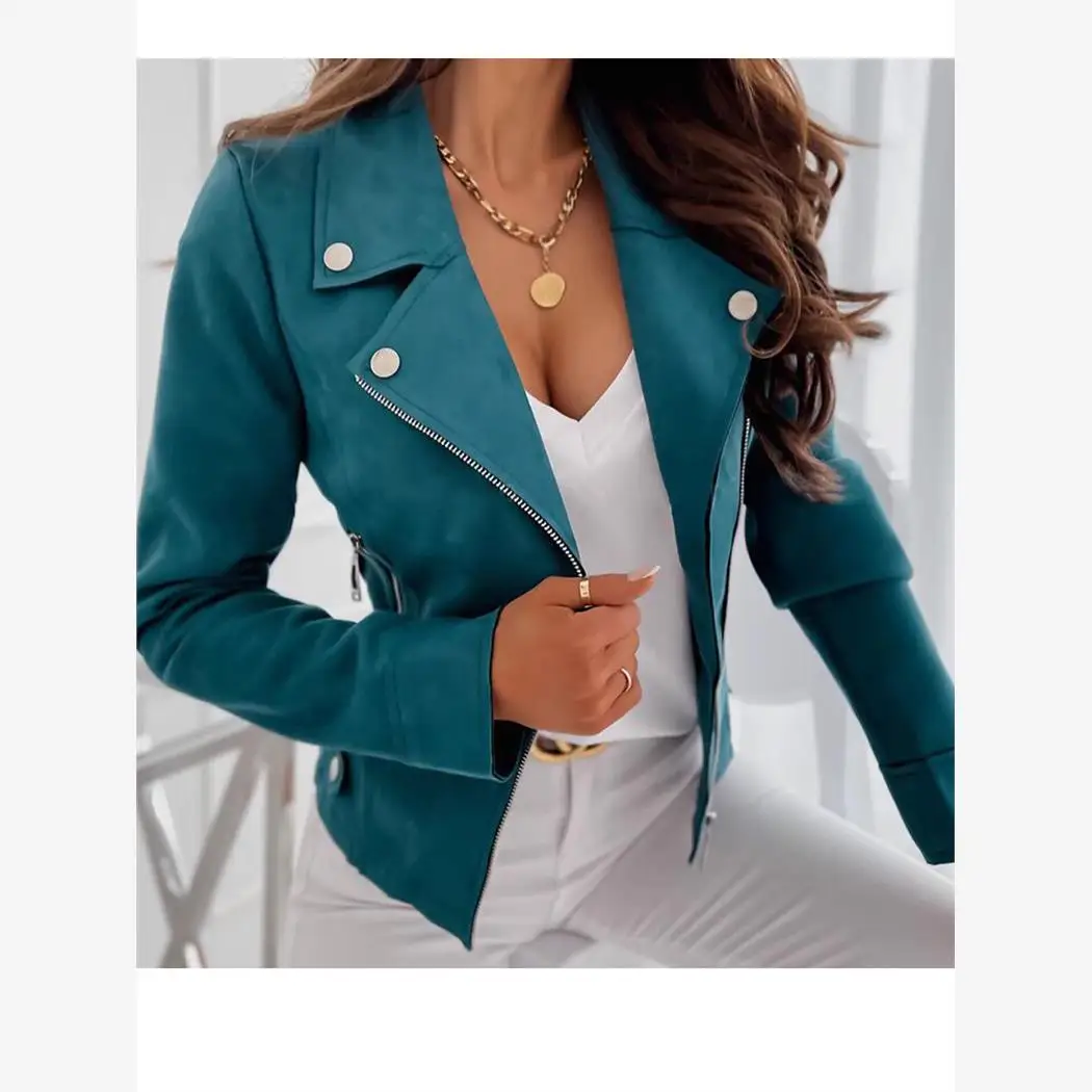 

Slim Fit Women's Spring Autumn Suede Jacket Zipper Street Style Motorcycle Coat Long Sleeve Short Length Button Detail
