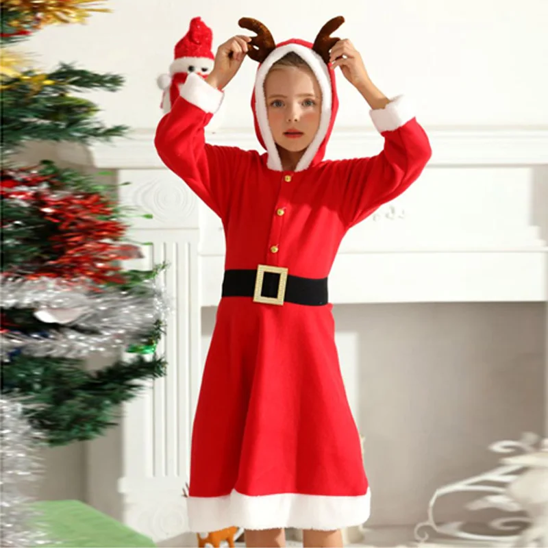 

4-14Y Christmas Girls Dress New Children Elk Hooded Costume Gown 2025 New Teenager Fashion Clothing Kids Xmas Party Red Dresses