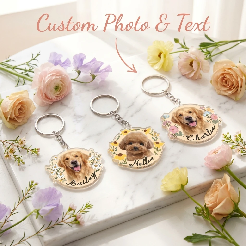 Floral Wreath Round Acrylic Pet Photo Key chain, Custom Dog Cat Portrait Name Text, Pet Lover Memorial Backpack Bag Charm Gift