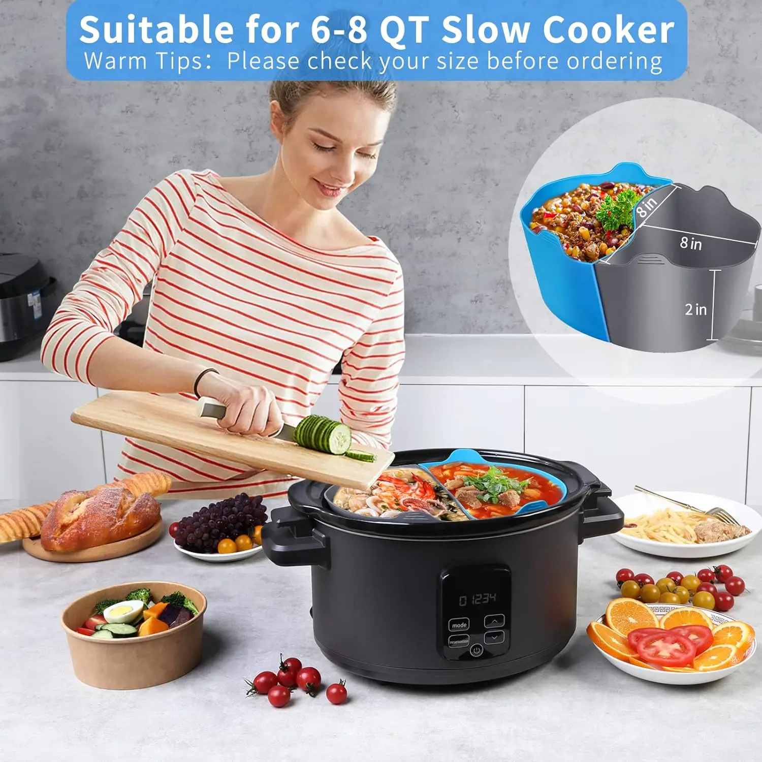 Slow Cooker Liners for Crockpot Crock Pot 6-8 QT, Reusable Silicone Slow Cooker Divider Liner large Size for 6-8 Quart Oval Slow