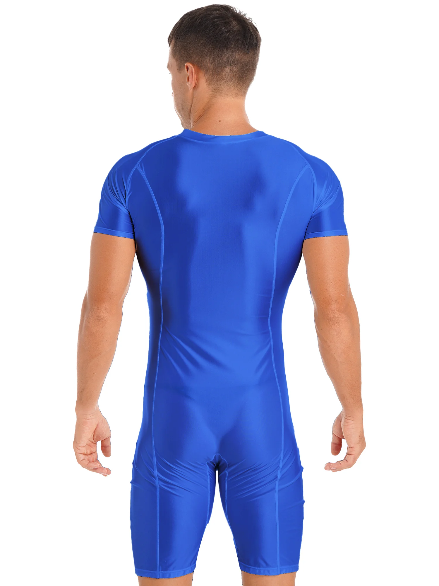 Men Glossy One-Piece Swimsuit Short Sleeve Zipper Jumpsuit Solid Color Bodysuit Surfing Swimwear Beachwear Gym Fitness Sportwear