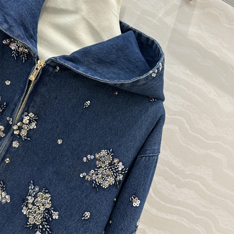 Washed Denim Cotton Hoody Jacket Women 2024 MIU* Heavyweight Denim Jacket 3D Metallic Floral Embellishment Luxury Brands Women\'s