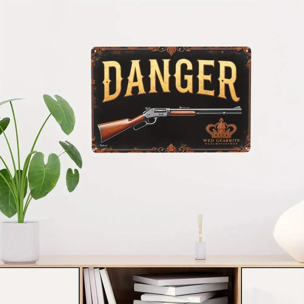 1pc Vintage Metal Sign 'DANGER' with Rifle Art Retro European Ornate Decor for Rustic Home Easter Thanksgiving