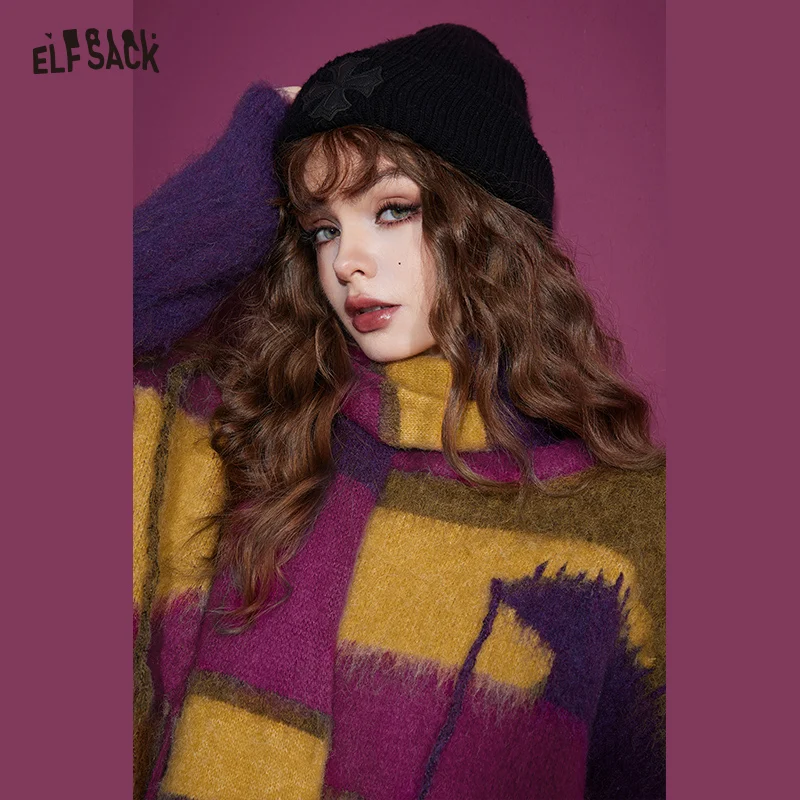 ELFSACK Free Scarf Rainbow Striped Sweater Women 2023 Winter New Korean Fashion Designer Tops