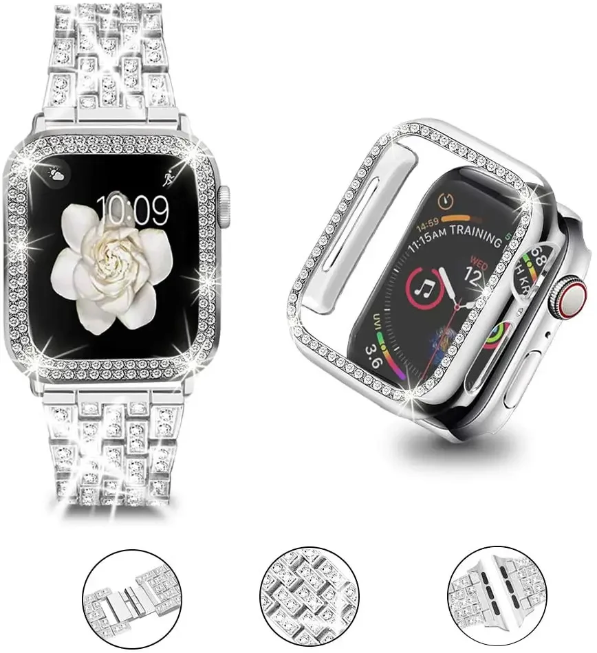 Diamond Strap+Watch Case For Apple watch 45mm 44 mm 42mm 41mm 40mm 38mm Women Metal bracelet Band iWatch 9 8 7 6 5 4 3 SE Correa