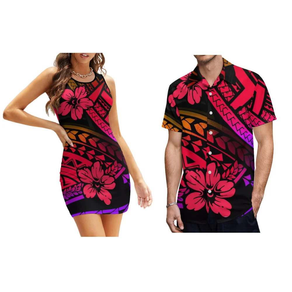 

Women's Sleeveless Sundress Men's Short-Sleeved Shirt Hawaii Resort Seaside Couple Set Custom Polynesian Art Print