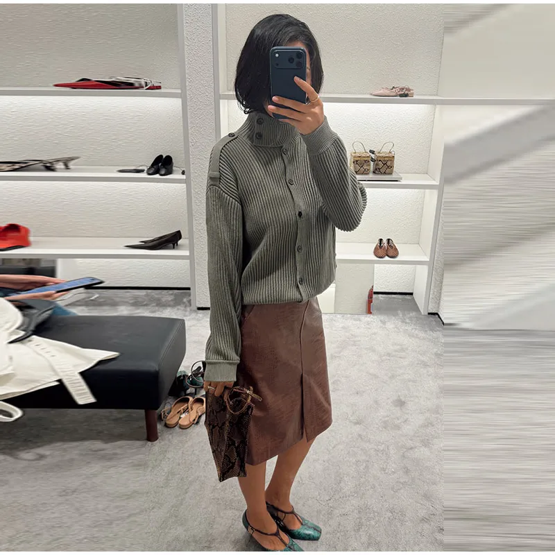 Crocodile Embossed Faux Leather Midi Skirt Front Slit High Waist Bodycon Pencil Skirt Women 2026 Autumn Vintage Fashion Outfit