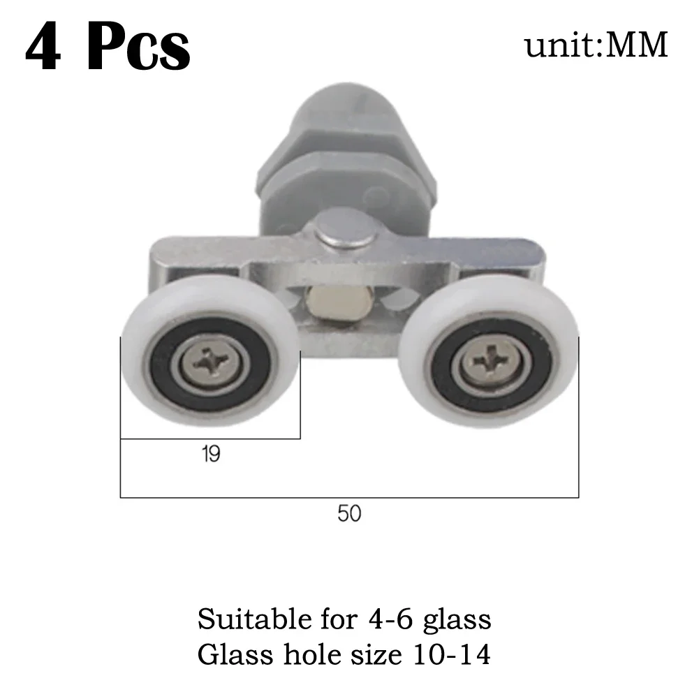 4 Piece Twin Shower Door Roller Kit with Nylon Wheels and Aluminum Housings for 19mm to 27mm Diameter Applications