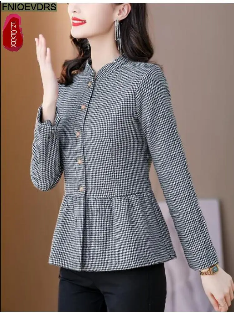 S-2XL 2023 Women Autumn Casual Slim Tunic Peplum Tops And Blouses Outer Wear Elegant Office Lady Work Button Plaid Shirts