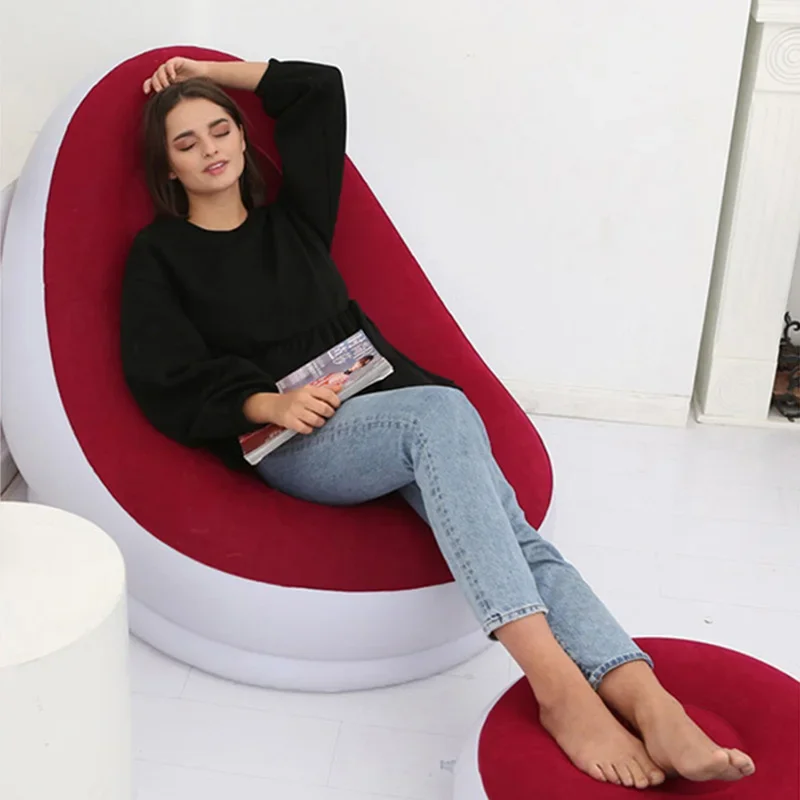 

1pc Red Inflatable Sofa with Footstool PVC Flocking Surface Lazy Sofa Living Room Bedroom Lounge Chair Desk Chair