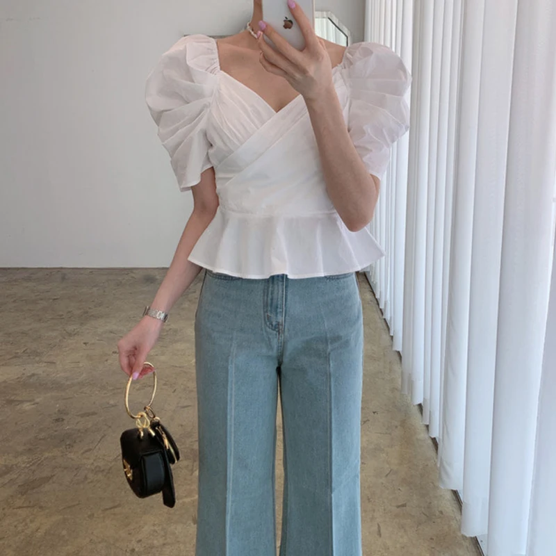 

Chic V-Ne Bubble Sve Top Women's Korean Sle Spring Autumn Winter Casual Faion Inner Wear Regular Fit Street Sle