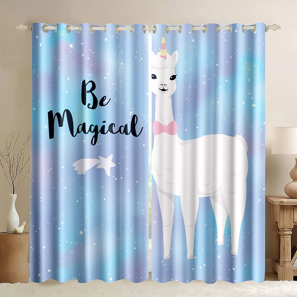 2023 Cute Llama Alpaca Sweet Funny Windows Curtains for Living Room Children Bedroom Window Treatment Kitchen Curtains 2 Pieces