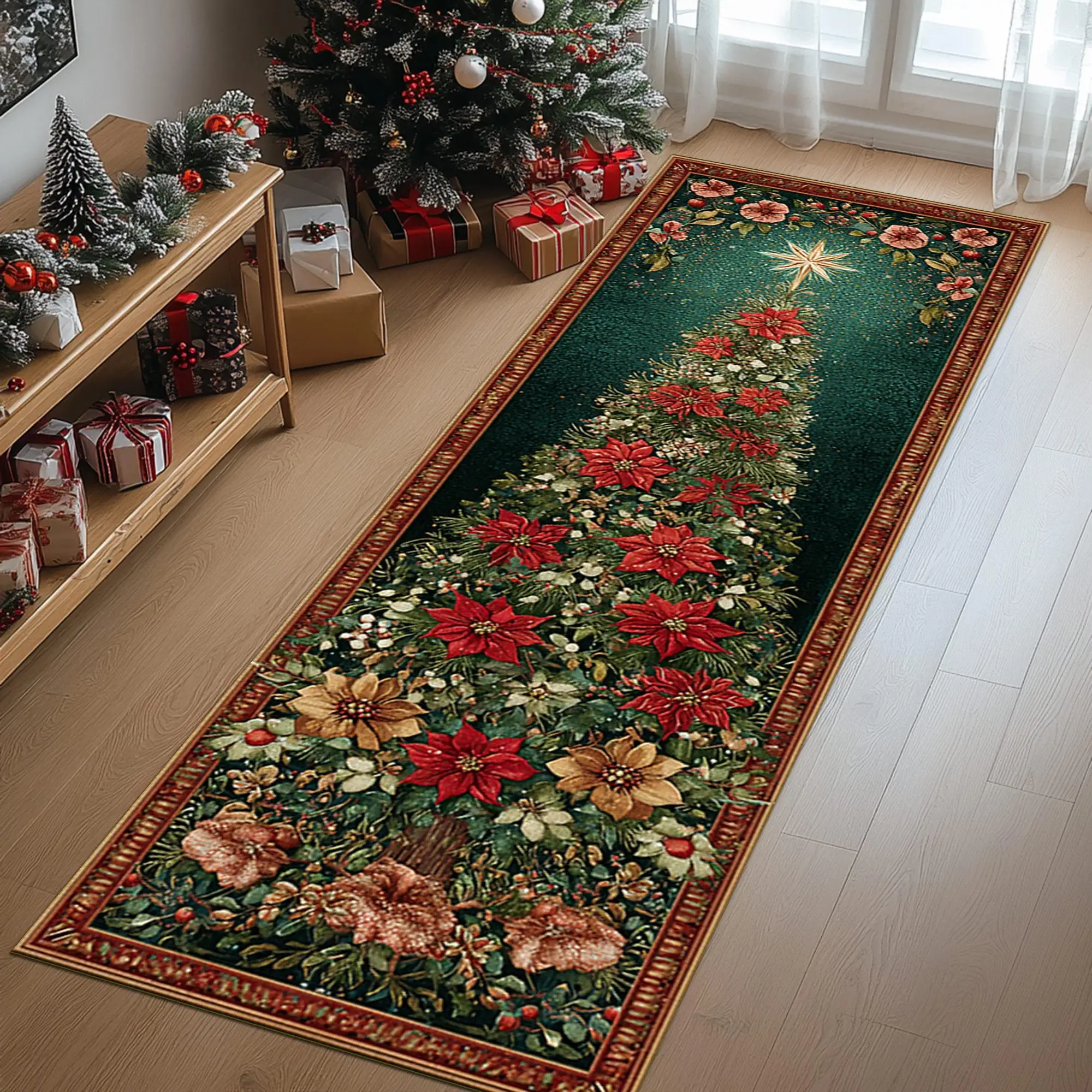 Vintage Christmas Poinsettia Tree Border graphics Runner Rug,Corridor,Sofa Side,Entryway,Non Slip Runner Rug,Christmas Decor