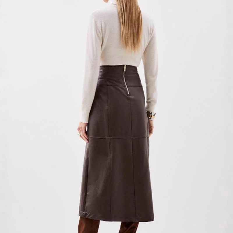 

Elegant Hight Waist PU Leather Skirt Lady Fashion Adjustable Design Irregular Long Skirt Sexy Split Solid Color Slim Party Skirt