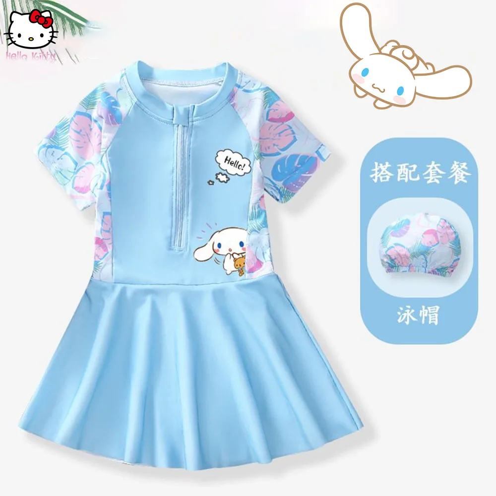 Anime Kawaii Cinnamoroll Kids Swimsuit Kuromi Sanrios Professional Training Quick-Drying Sunscreen Swimwear Summer Beach Clothes