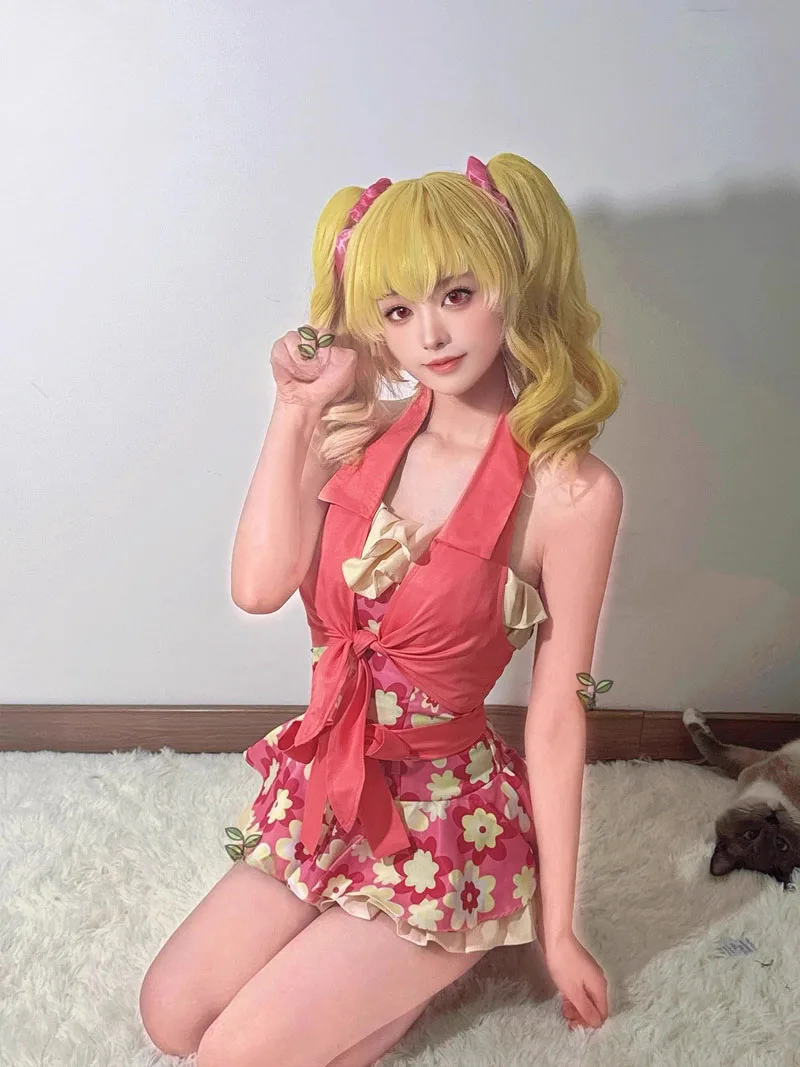 Aikatsu! Hoshimiya Ichigo Cosplay Swimsuit Cute Girl High Waist Slimming Cover up Ruffle Bandeau Flower Swimwear Bathing Suit