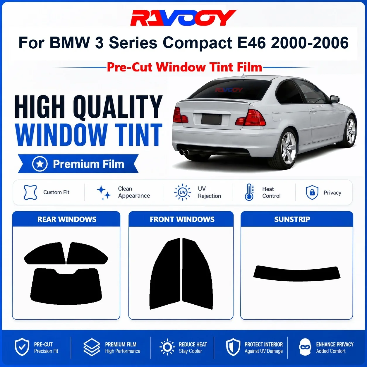 Premium Pre-Cut Window Tint For BMW 3 Series Compact E46 2000-2006 Front & Rear Windows UV Heat Rejection Privacy Film