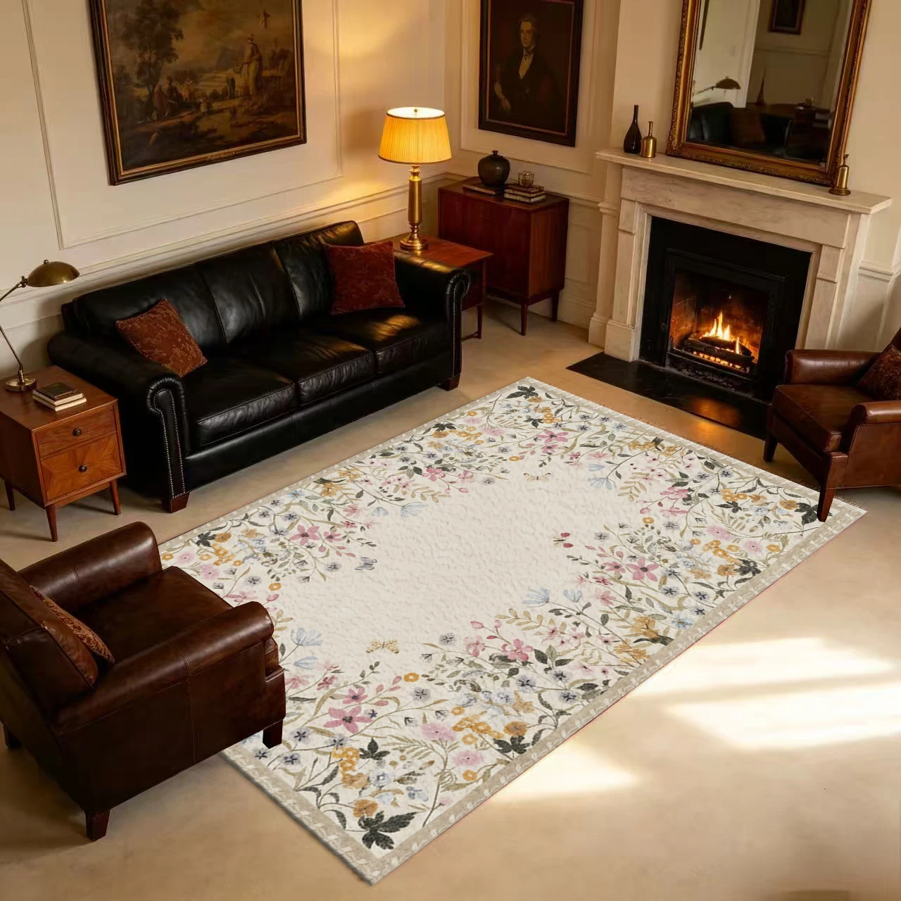 Bohemian Style Vintage Wildflower Border Carpet, Non-Slip and Aesthetically Pleasing, Suitable for Bedroom, Living Room, and Home Decor