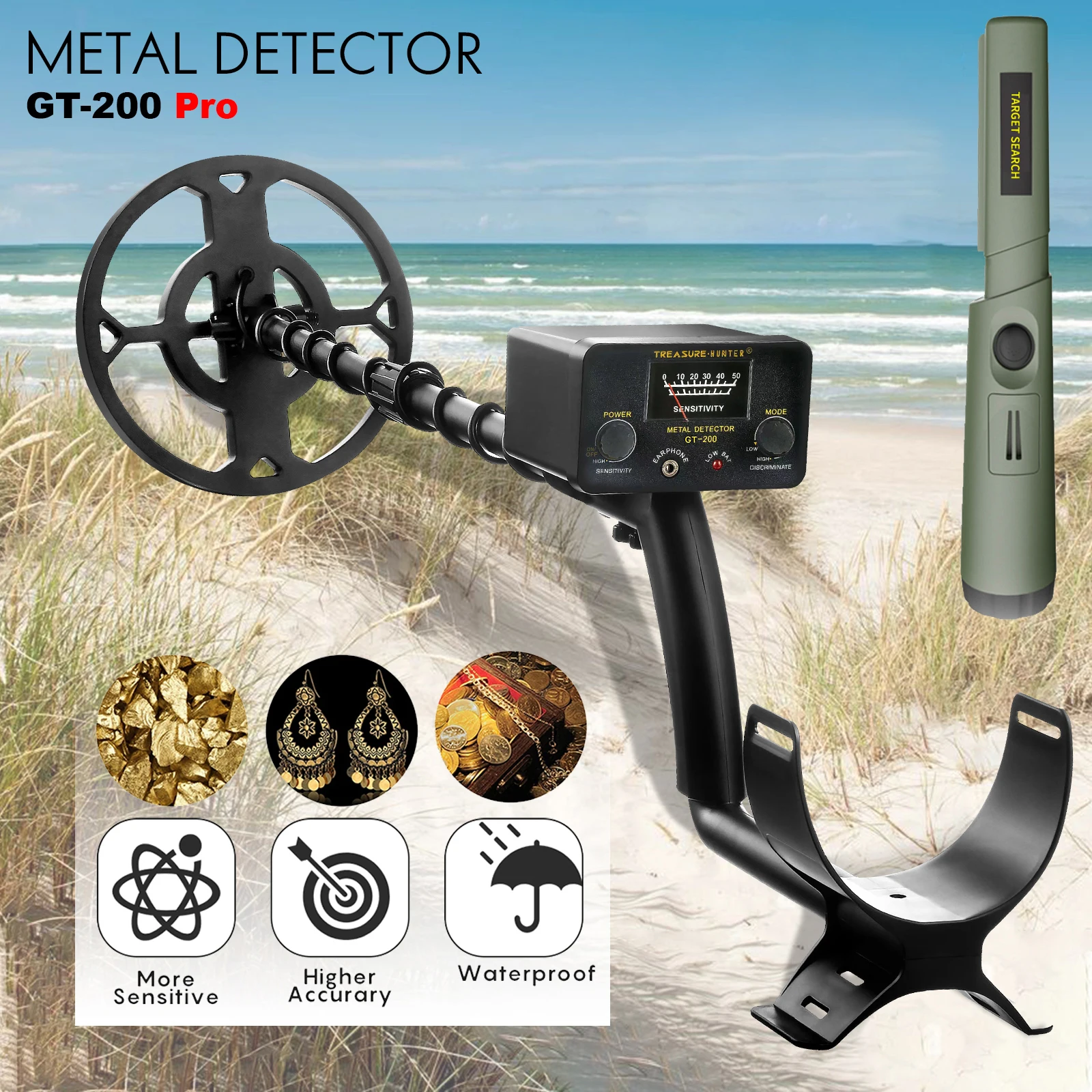Upgrade Metal Detector Underground Wire Iron Metal Gold Detector Adjustable Tracker for Treasure Search GT-200