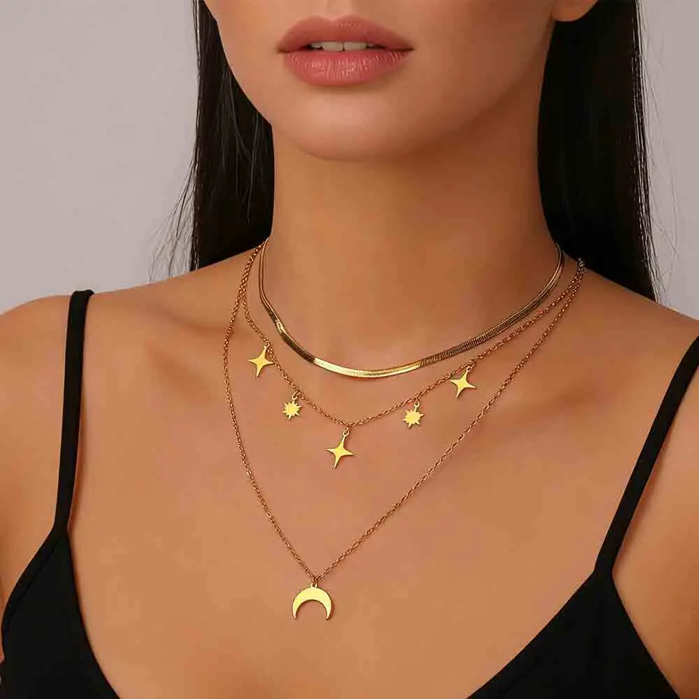 Skyrim Moon Star Charms Multiple Layer Necklace Women Girls Stainless Steel Snake Chain Choker Jewelry Birthday Gift