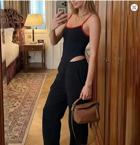 Women's Jumpsuit 2026 Summer New Style Solid Color Suspender with Contrasting Edge Decoration Slim and Sexy Jumpsuit Unique